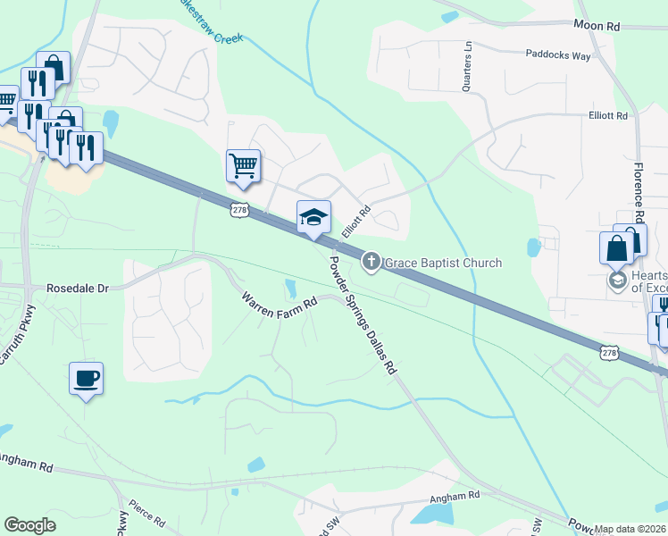 map of restaurants, bars, coffee shops, grocery stores, and more near 5701 Allen Farm Road in Powder Springs