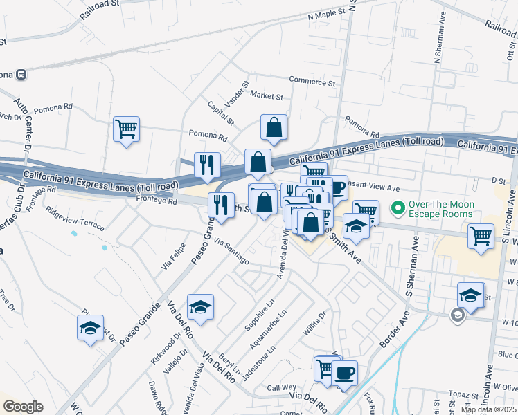 map of restaurants, bars, coffee shops, grocery stores, and more near 1663 West 6th Street in Corona