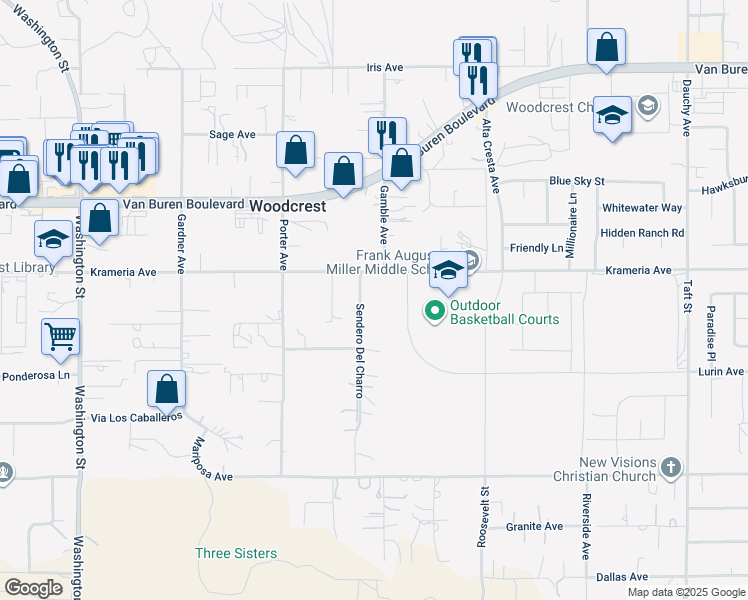 map of restaurants, bars, coffee shops, grocery stores, and more near 16558 Sendero Del Charro in Riverside