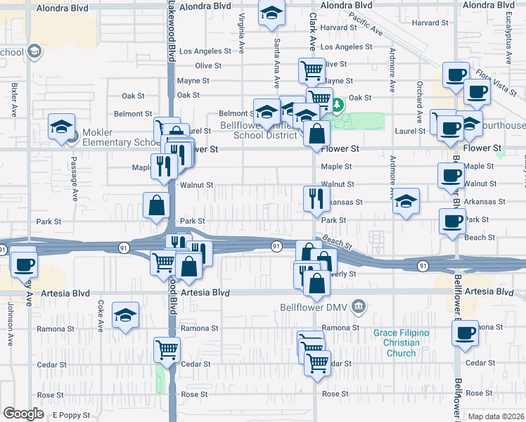 map of restaurants, bars, coffee shops, grocery stores, and more near 9237 Park Street in Bellflower