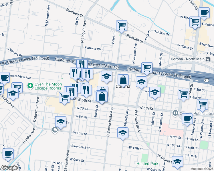 map of restaurants, bars, coffee shops, grocery stores, and more near 300 South Buena Vista Avenue in Corona