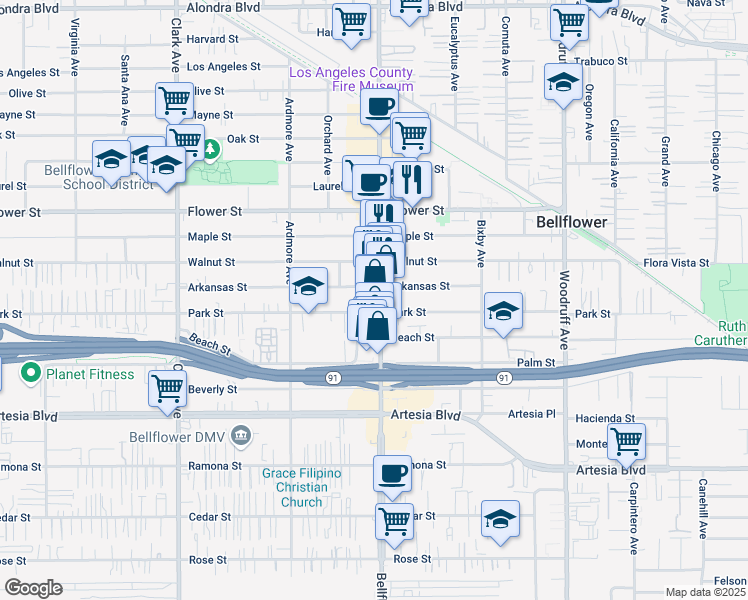 map of restaurants, bars, coffee shops, grocery stores, and more near 17046 Bellflower Boulevard in Bellflower