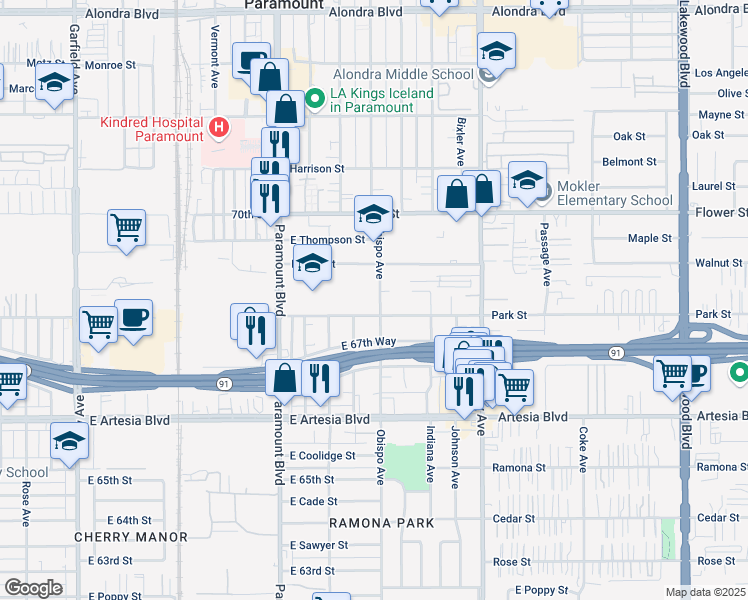 map of restaurants, bars, coffee shops, grocery stores, and more near 6841 Obispo Avenue in Long Beach
