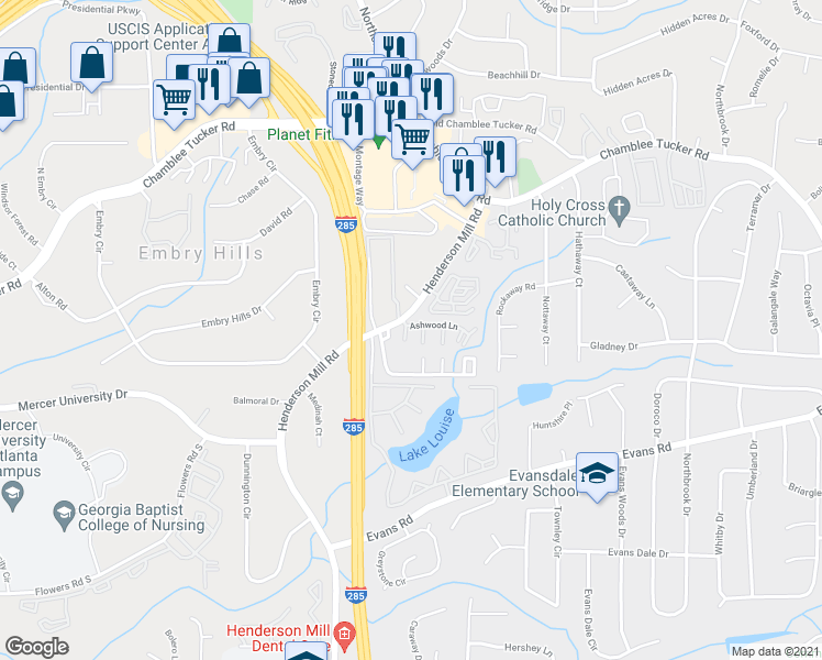 map of restaurants, bars, coffee shops, grocery stores, and more near 3415 Ashwood Lane in Chamblee