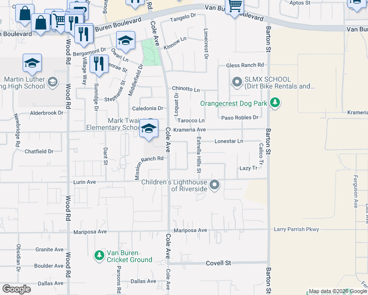 map of restaurants, bars, coffee shops, grocery stores, and more near 19559 Emanuel Drive in Riverside