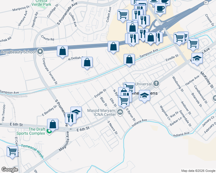 map of restaurants, bars, coffee shops, grocery stores, and more near 4037 Ellis Street in Corona