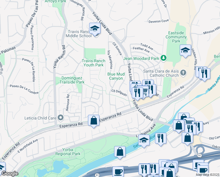 map of restaurants, bars, coffee shops, grocery stores, and more near 5695 Vía Mariposa in Yorba Linda