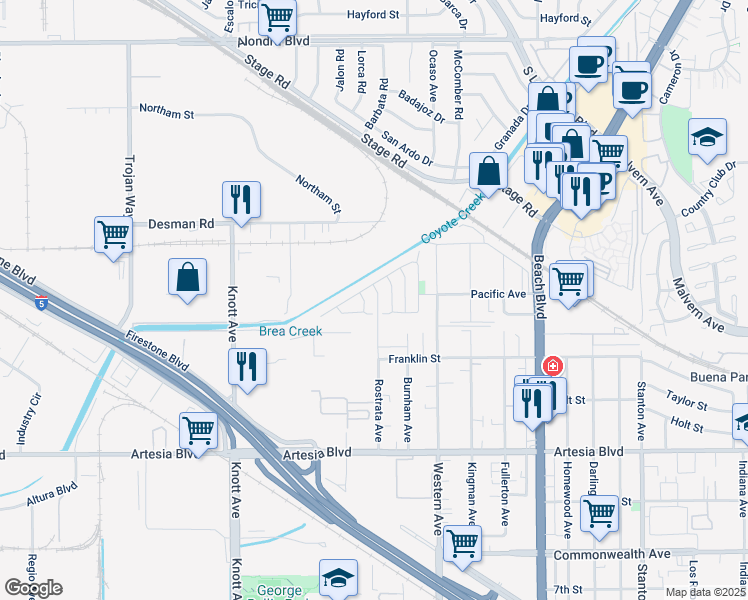 map of restaurants, bars, coffee shops, grocery stores, and more near 5630 Rostrata Avenue in Buena Park