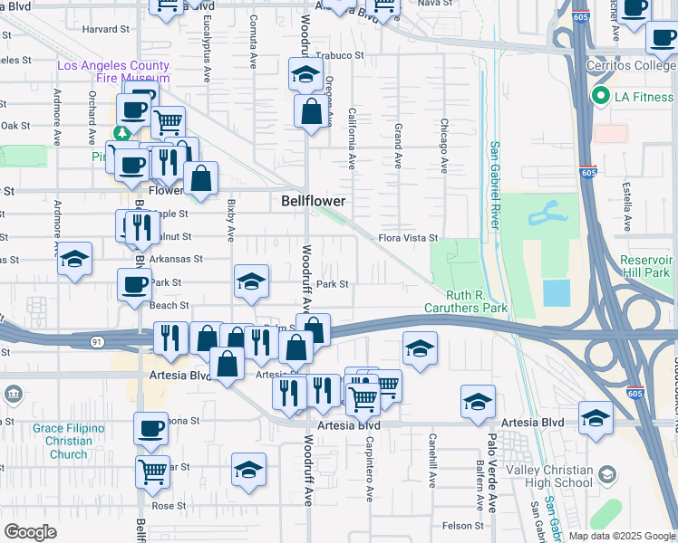 map of restaurants, bars, coffee shops, grocery stores, and more near 10229 1/2 Park Street in Bellflower