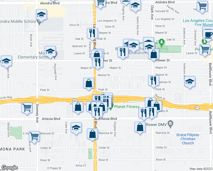 map of restaurants, bars, coffee shops, grocery stores, and more near 9035 Park Street in Bellflower