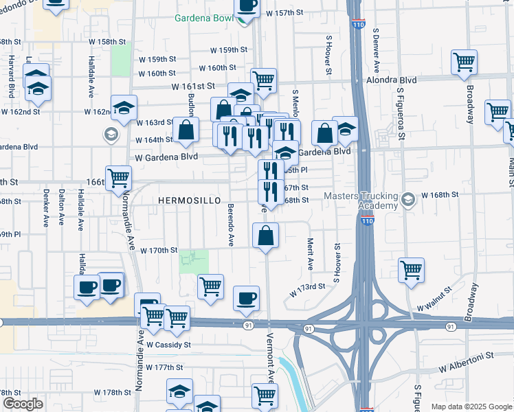 map of restaurants, bars, coffee shops, grocery stores, and more near 16803 Vermont Avenue in Gardena
