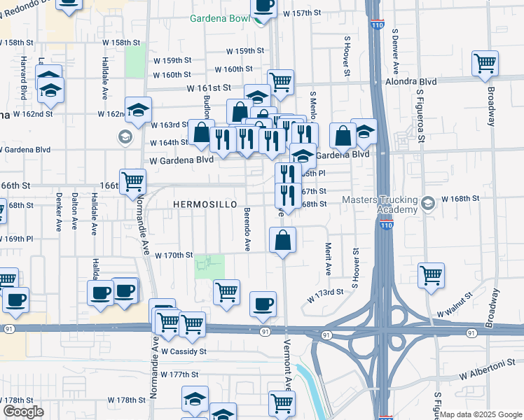 map of restaurants, bars, coffee shops, grocery stores, and more near 1052 West 168th Street in Gardena