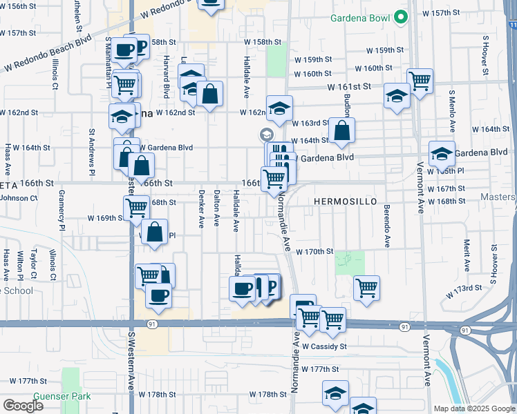 map of restaurants, bars, coffee shops, grocery stores, and more near 1444 West 168th Street in Gardena