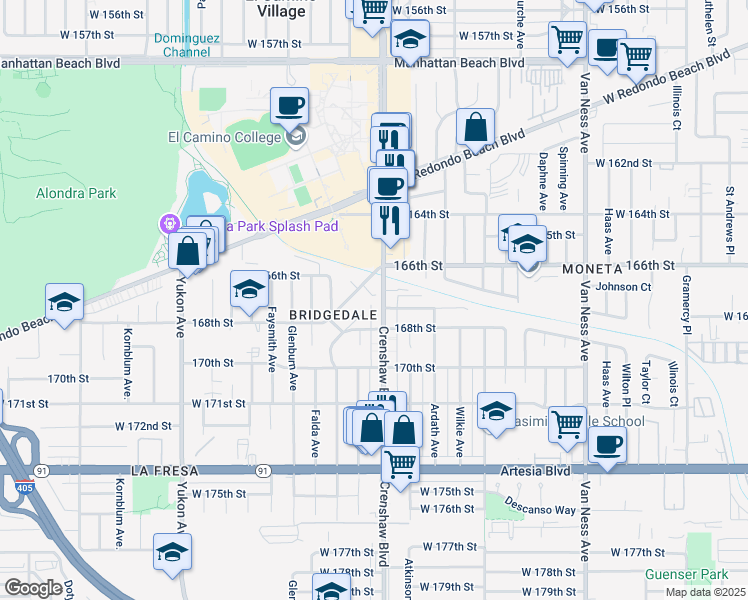 map of restaurants, bars, coffee shops, grocery stores, and more near 16645 Crenshaw Boulevard in Torrance