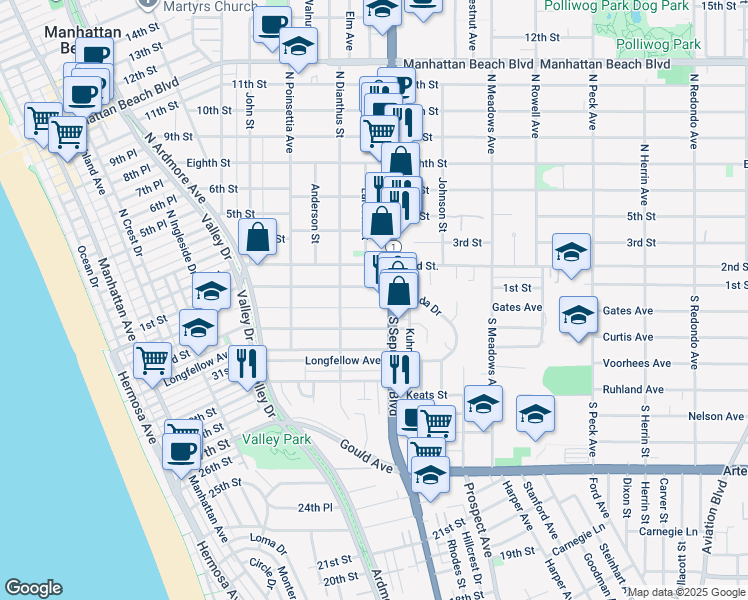 map of restaurants, bars, coffee shops, grocery stores, and more near 115 South Sepulveda Boulevard in Manhattan Beach