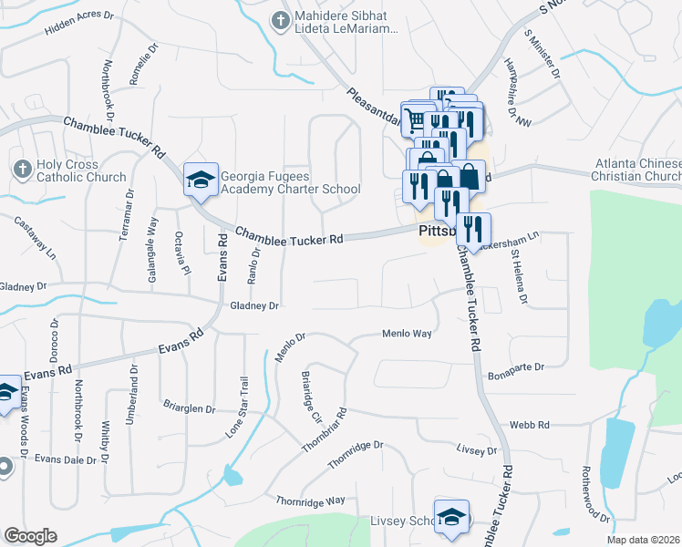 map of restaurants, bars, coffee shops, grocery stores, and more near 3073 Wembley Ridge in Doraville