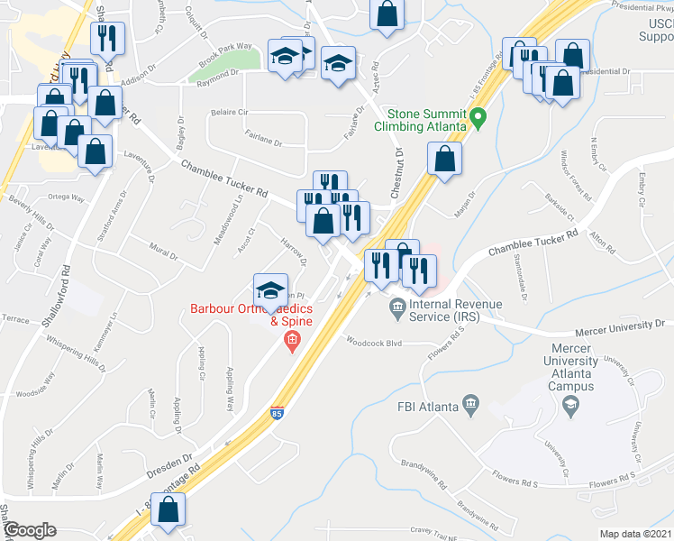 map of restaurants, bars, coffee shops, grocery stores, and more near 3118 Quantum Lane in Chamblee