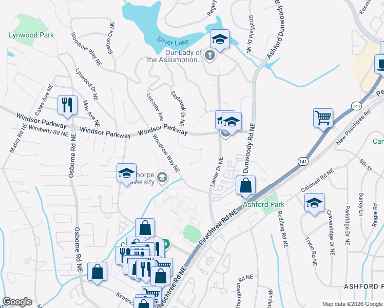 map of restaurants, bars, coffee shops, grocery stores, and more near 3067 Oglethorpe Way Northeast in Atlanta
