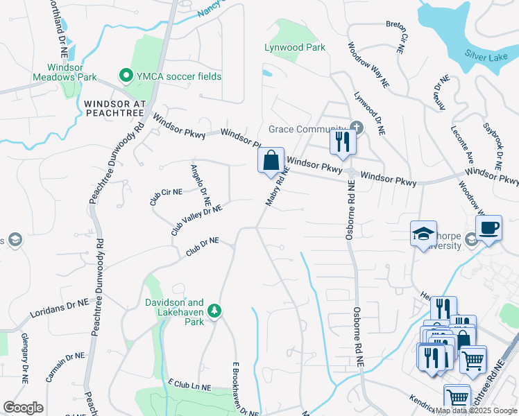 map of restaurants, bars, coffee shops, grocery stores, and more near 3078 Mabry Road Northeast in Atlanta