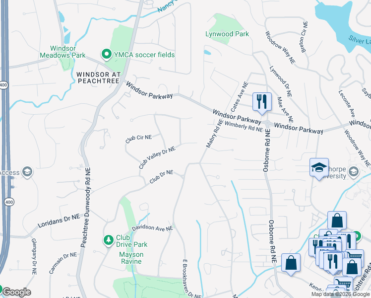 map of restaurants, bars, coffee shops, grocery stores, and more near 4627 Club Valley Dr NE in Atlanta
