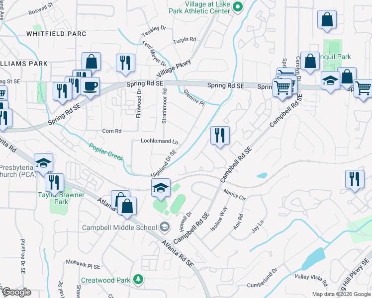 map of restaurants, bars, coffee shops, grocery stores, and more near 3051 Highland Drive Southeast in Smyrna