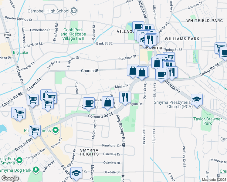 map of restaurants, bars, coffee shops, grocery stores, and more near 3079 Dunton Street in Smyrna