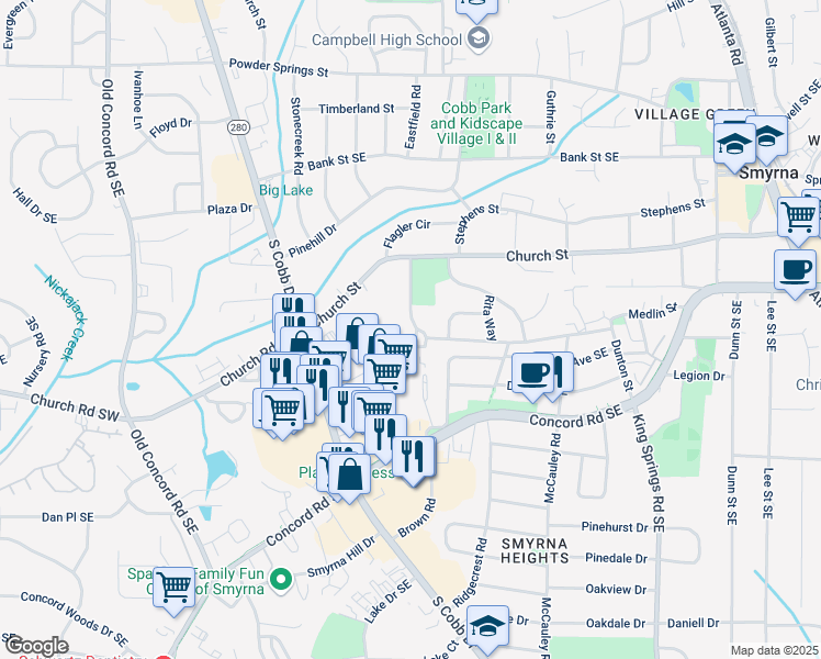 map of restaurants, bars, coffee shops, grocery stores, and more near 3135 Reeves Street in Smyrna
