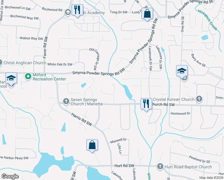 map of restaurants, bars, coffee shops, grocery stores, and more near 3080 Brownmoore Drive in Marietta