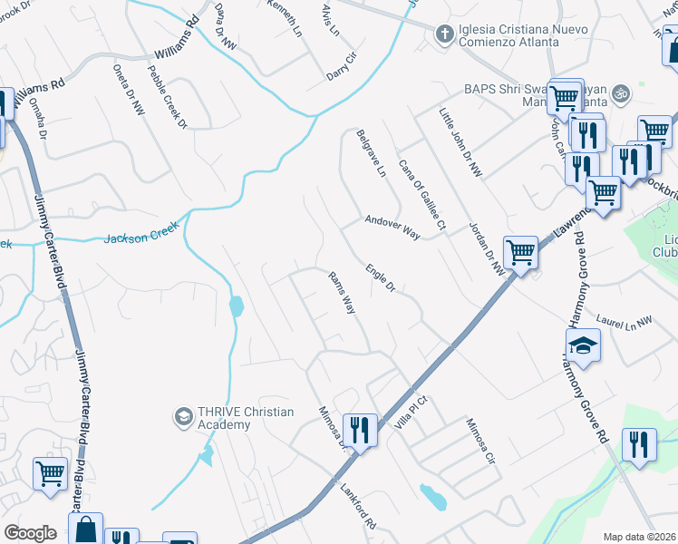 map of restaurants, bars, coffee shops, grocery stores, and more near 505 Rams Way in Tucker