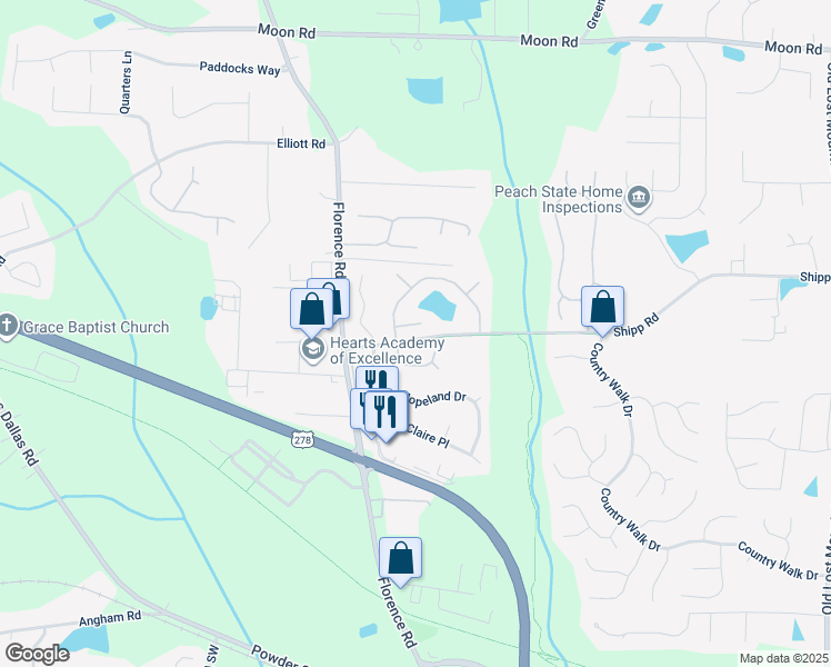 map of restaurants, bars, coffee shops, grocery stores, and more near 4112 Meadowlark Court in Powder Springs