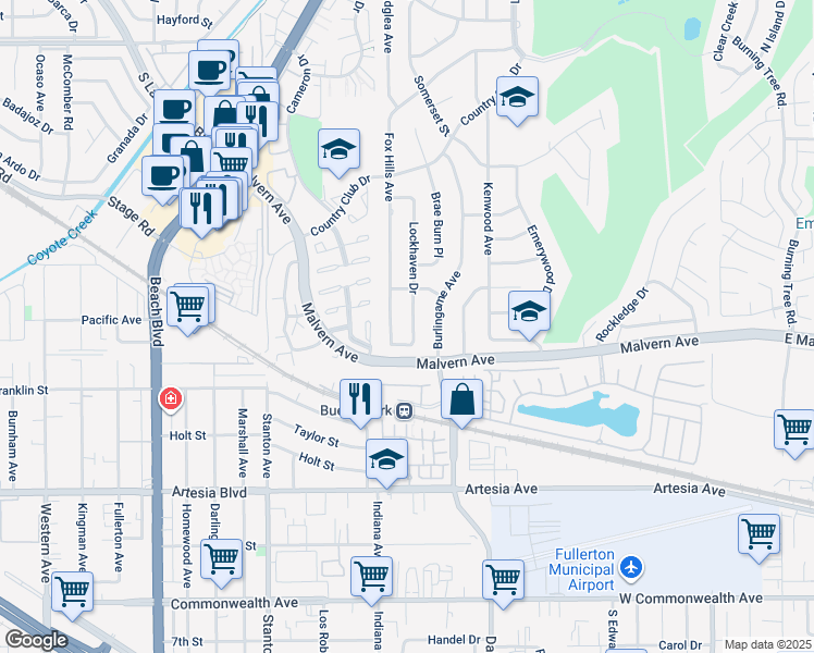 map of restaurants, bars, coffee shops, grocery stores, and more near 5621 Lockhaven Drive in Buena Park
