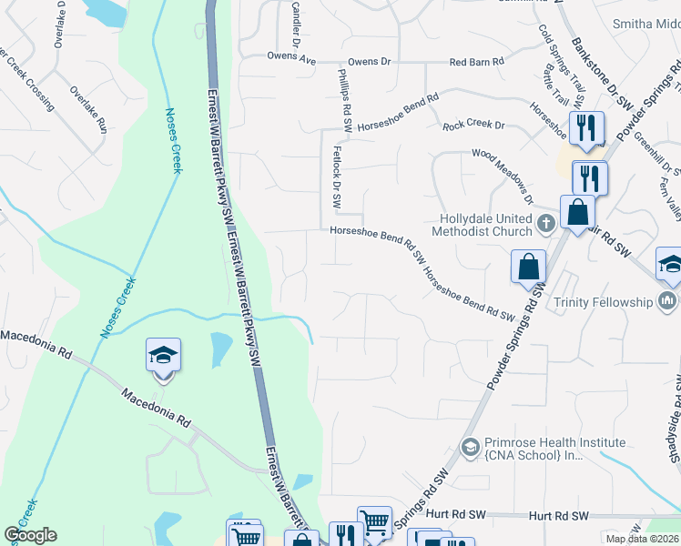 map of restaurants, bars, coffee shops, grocery stores, and more near 2699 Barcelona Drive Southwest in Marietta