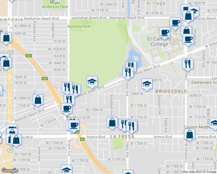 map of restaurants, bars, coffee shops, grocery stores, and more near 3722 Redondo Beach Boulevard in Torrance