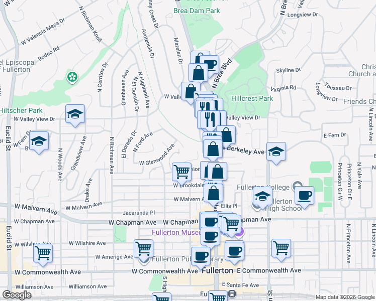 map of restaurants, bars, coffee shops, grocery stores, and more near 756 North Malden Avenue in Fullerton