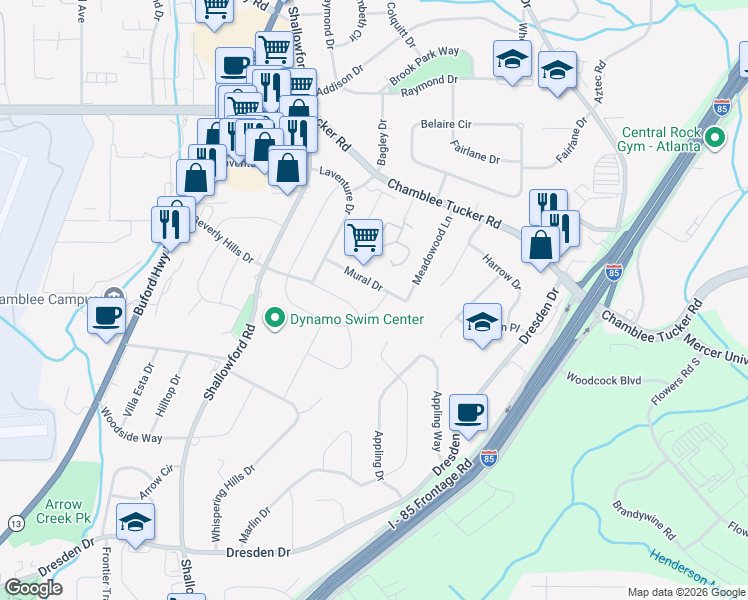 map of restaurants, bars, coffee shops, grocery stores, and more near 2971 Stratford Arms Drive in Chamblee
