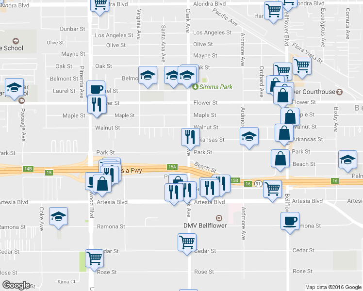 map of restaurants, bars, coffee shops, grocery stores, and more near 17045 Clark Ave in Bellflower