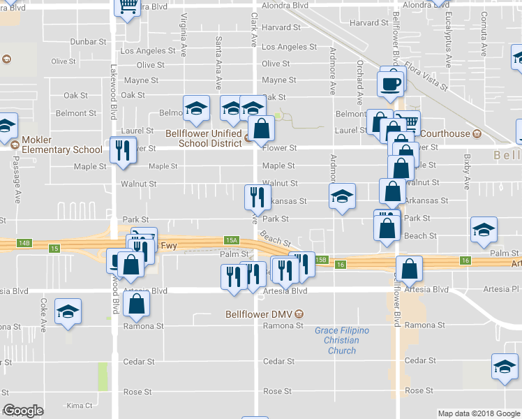 map of restaurants, bars, coffee shops, grocery stores, and more near 17046 Clark Avenue in Bellflower