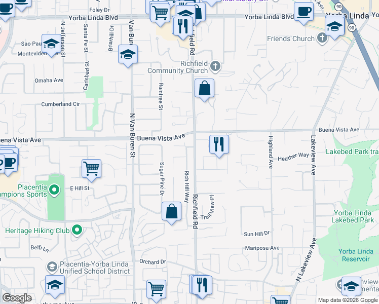 map of restaurants, bars, coffee shops, grocery stores, and more near 5672 Rich Hill Way in Yorba Linda