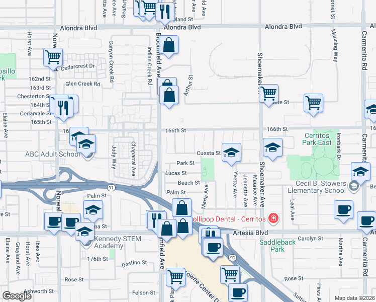 map of restaurants, bars, coffee shops, grocery stores, and more near 16720 Amberwood Way in Cerritos