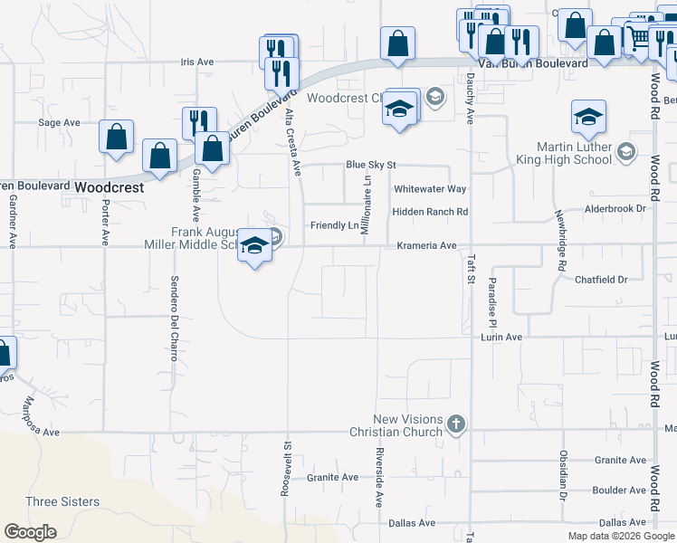 map of restaurants, bars, coffee shops, grocery stores, and more near 9449 Azusa Court in Riverside