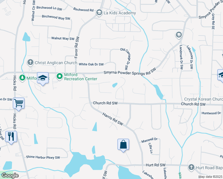 map of restaurants, bars, coffee shops, grocery stores, and more near 3050 Moser Way in Marietta