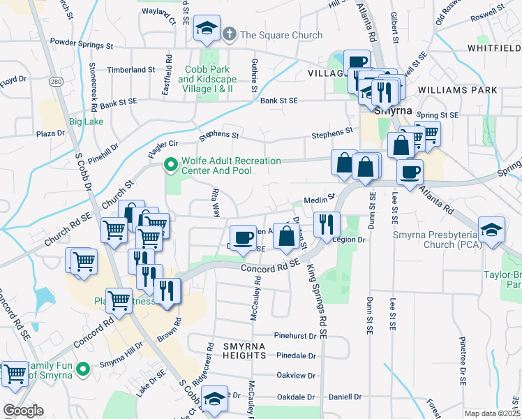 map of restaurants, bars, coffee shops, grocery stores, and more near 1119 Medlin Street in Smyrna