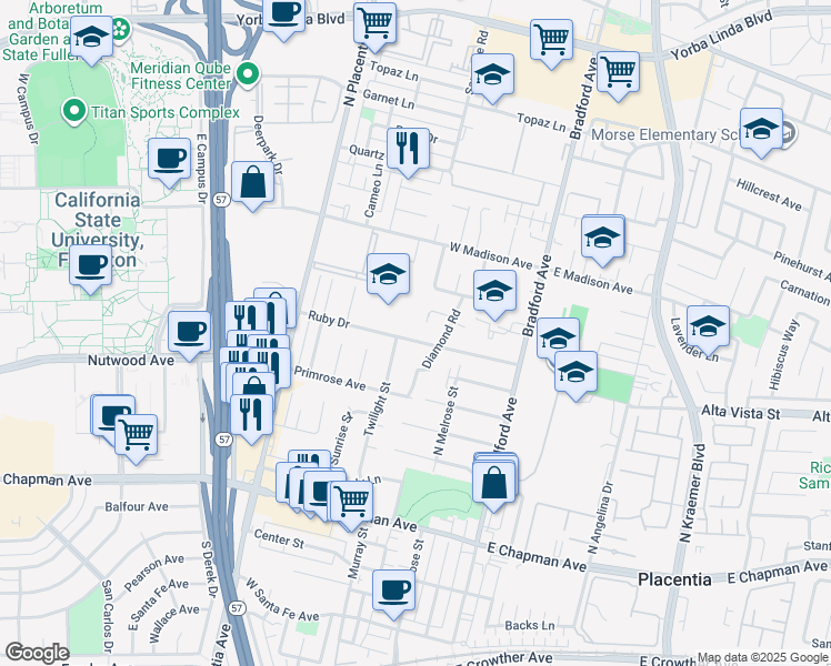 map of restaurants, bars, coffee shops, grocery stores, and more near 425 Ruby Drive in Placentia