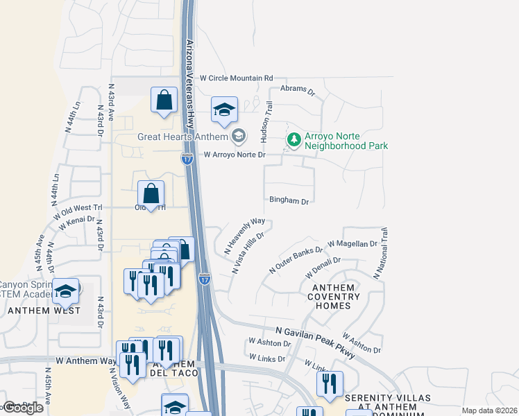 map of restaurants, bars, coffee shops, grocery stores, and more near 43422 Hudson Trail in New River