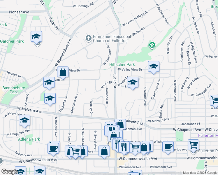 map of restaurants, bars, coffee shops, grocery stores, and more near 172 Ramona Drive in Fullerton