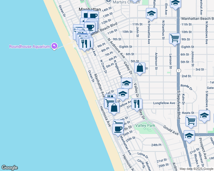 map of restaurants, bars, coffee shops, grocery stores, and more near 205 Highland Avenue in Manhattan Beach