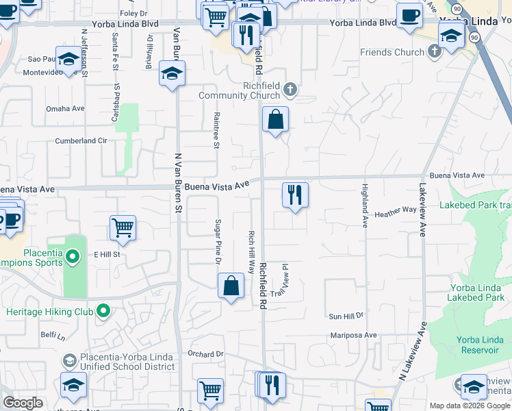 map of restaurants, bars, coffee shops, grocery stores, and more near 5672 Rich Hill Way in Yorba Linda