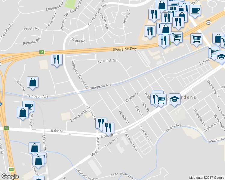 map of restaurants, bars, coffee shops, grocery stores, and more near 4140 South Neece Street in Corona