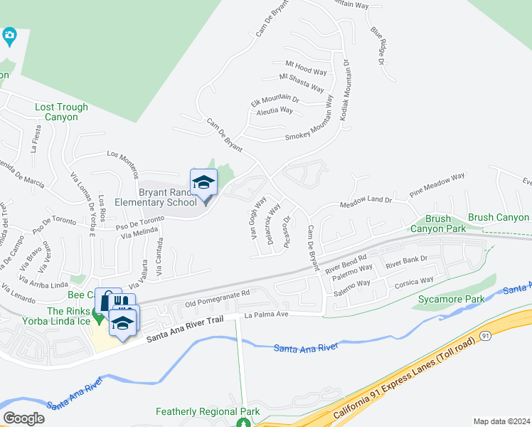 map of restaurants, bars, coffee shops, grocery stores, and more near 5555 Delacroix Way in Yorba Linda