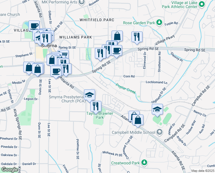 map of restaurants, bars, coffee shops, grocery stores, and more near 1614 Mosaic Way in Smyrna